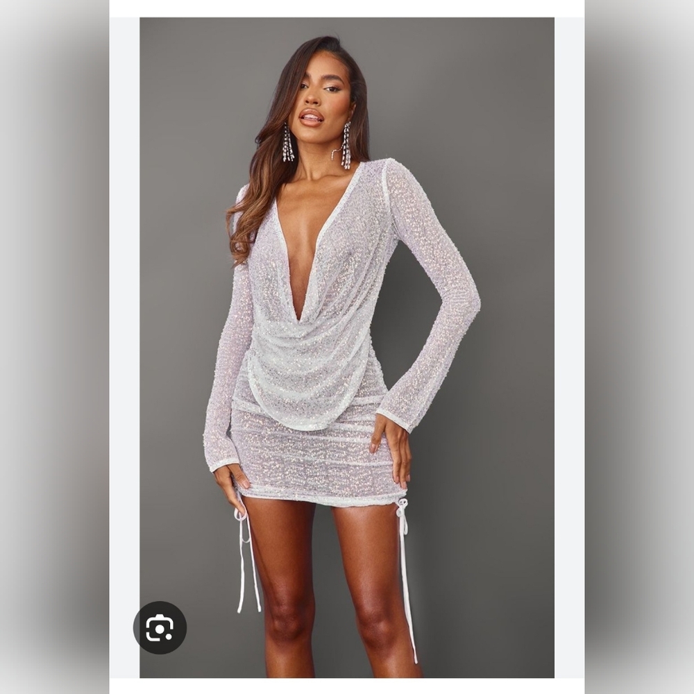Pretty Little Thing Sequin Cowl Neck Low Plunge Dress